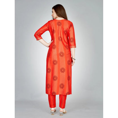 Roneclick Women's Casual 3-4 th Sleeve Embroidery Rayon Kurti Pant Set (Orange)