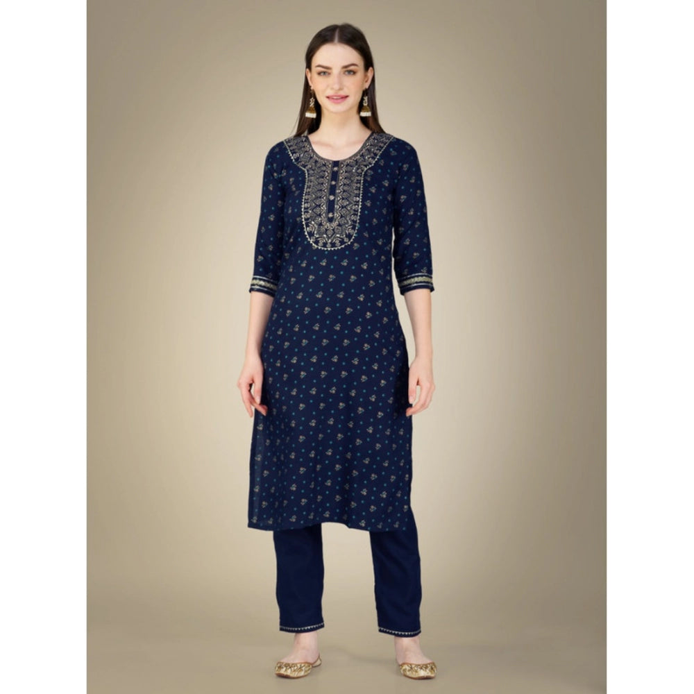 Roneclick Women's Casual 3-4 th Sleeve Embroidery Cotton Kurti Pant Dupatta Set (Dark Blue)