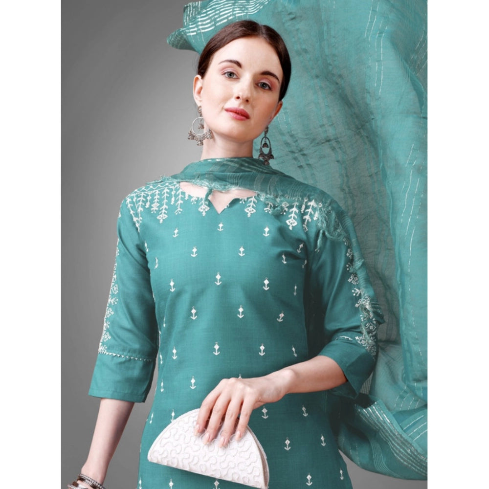 Roneclick Women's Casual 3-4 th Sleeve Embroidery Cotton Kurti Pant Dupatta Set (Teal)