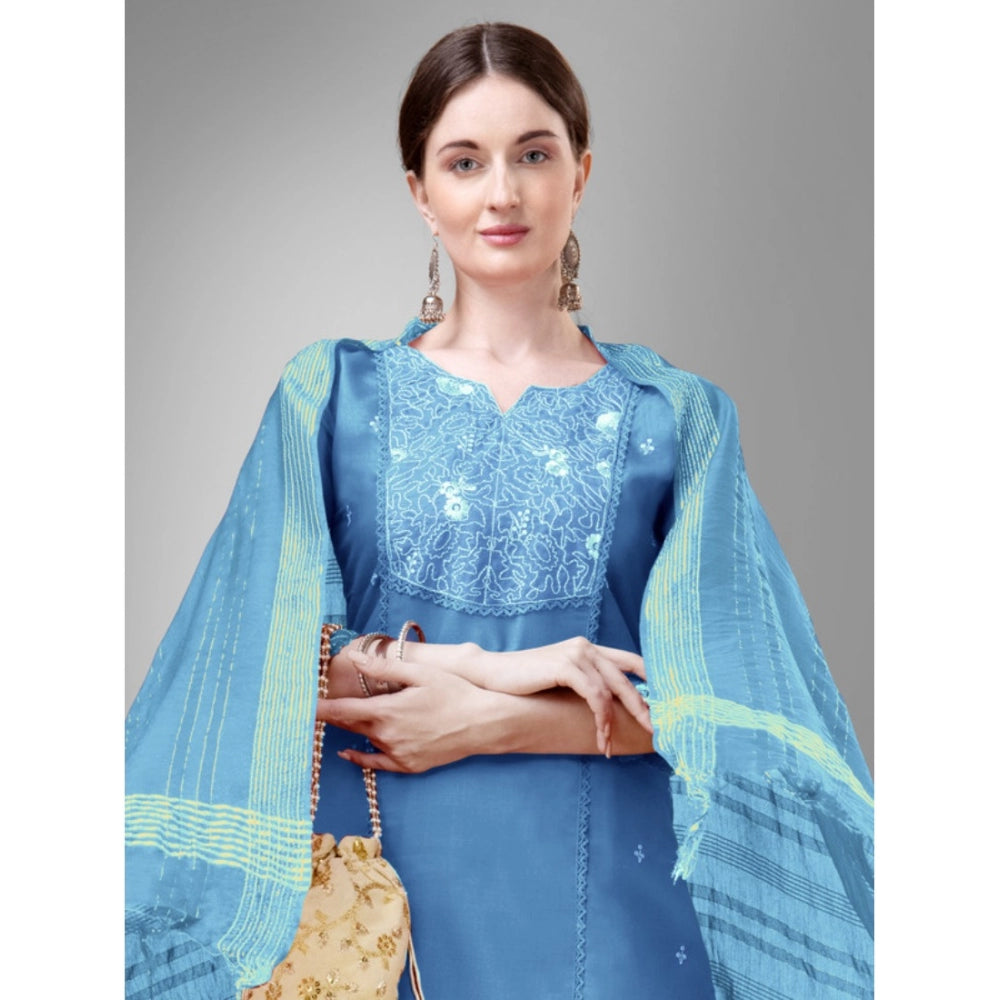 Roneclick Women's Casual 3-4 th Sleeve Embroidery Cotton Kurti Pant Dupatta Set (Sky Blue)