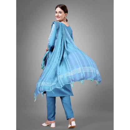 Roneclick Women's Casual 3-4 th Sleeve Embroidery Cotton Kurti Pant Dupatta Set (Sky Blue)