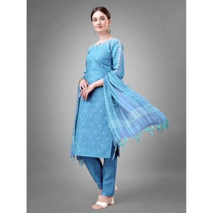 Roneclick Women's Casual 3-4 th Sleeve Embroidery Cotton Kurti Pant Dupatta Set (Sky Blue)