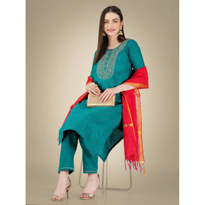 Roneclick Women's Casual 3-4 th Sleeve Embroidery Cotton Kurti Pant Dupatta Set (Light Green)