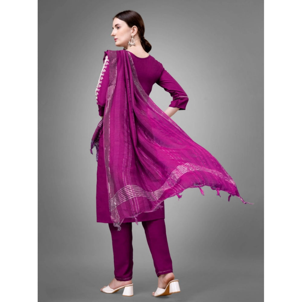 Roneclick Women's Casual 3-4 th Sleeve Embroidery Cotton Kurti Pant Dupatta Set (Purple)