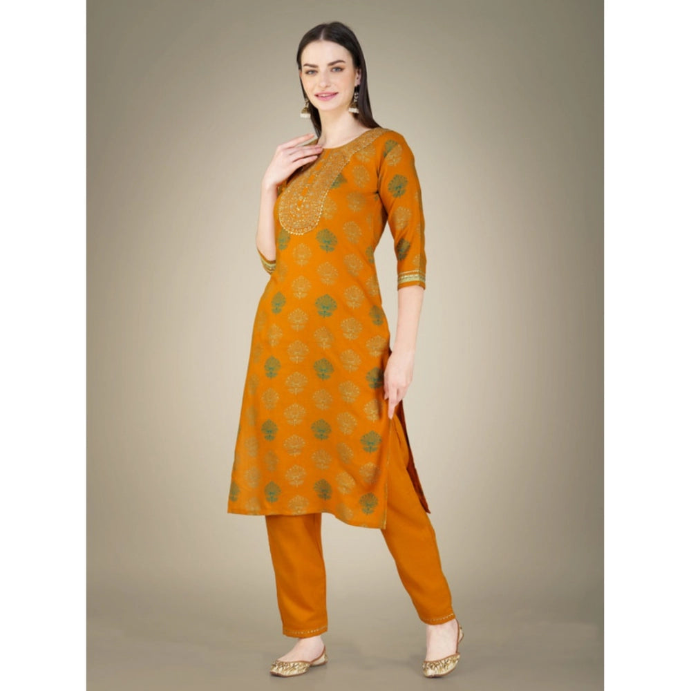 Roneclick Women's Casual 3-4 th Sleeve Embroidery Cotton Kurti Pant Dupatta Set (Yellow)