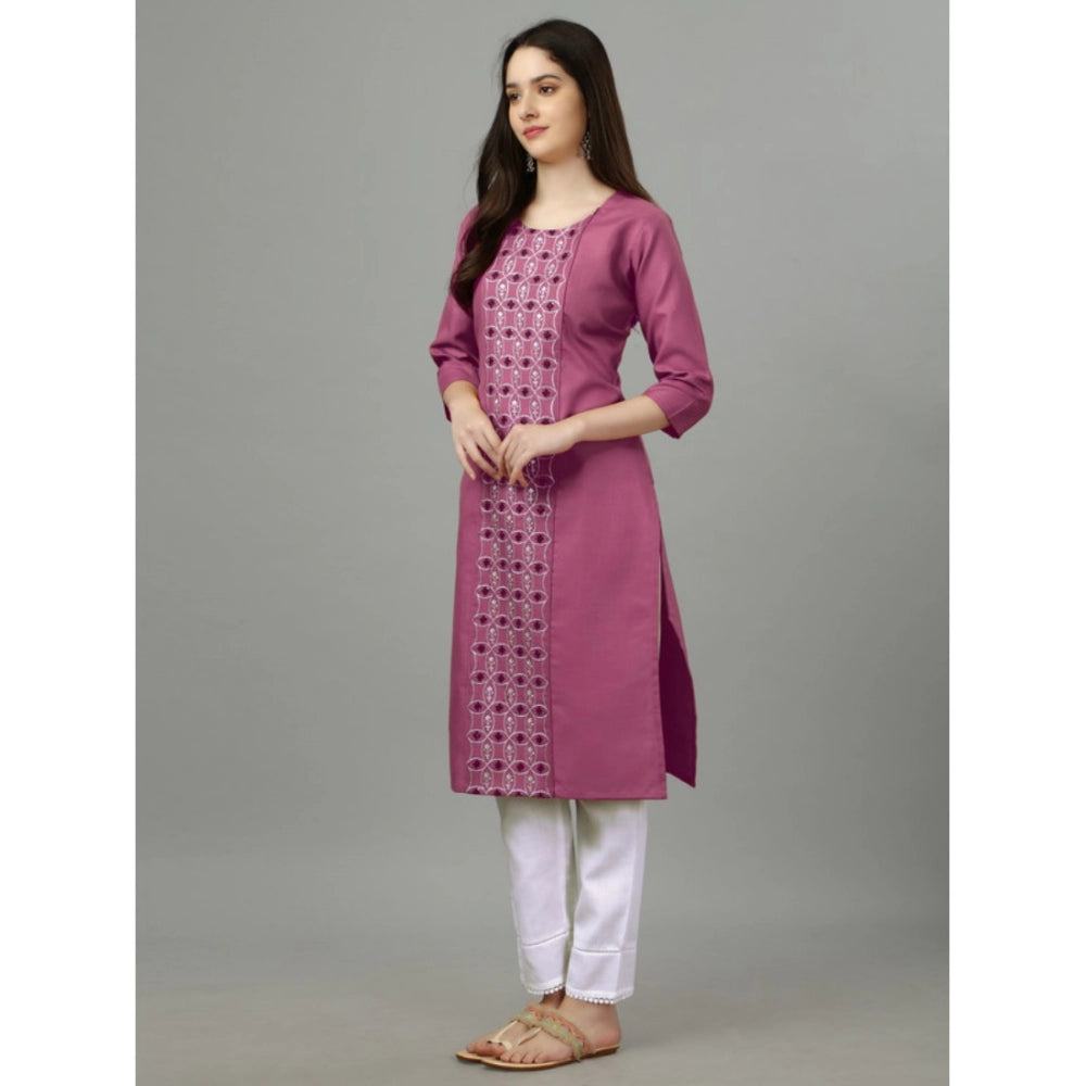 Roneclick Women's Casual 3-4 th Sleeve Embroidery Cotton Kurti (Purple)