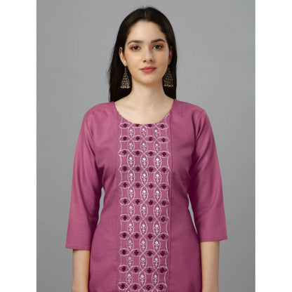 Roneclick Women's Casual 3-4 th Sleeve Embroidery Cotton Kurti (Purple)