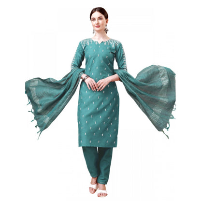 Roneclick Women's Casual 3-4 th Sleeve Embroidery Cotton Kurti Pant Dupatta Set (Teal)