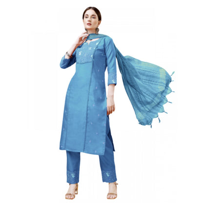 Roneclick Women's Casual 3-4 th Sleeve Embroidery Cotton Kurti Pant Dupatta Set (Sky Blue)