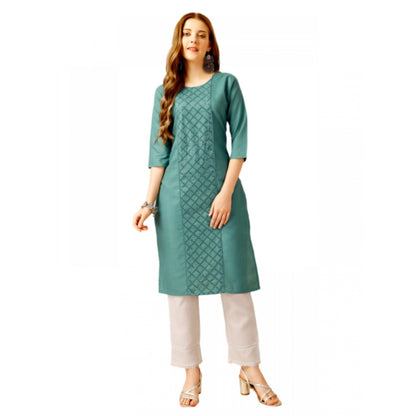 Roneclick Women's Casual 3-4 th Sleeve Embroidery Cotton Kurti Pant Set (Green)