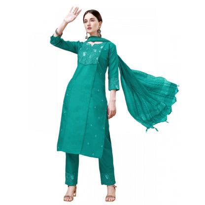 Roneclick Women's Casual 3-4 th Sleeve Embroidery Cotton Kurti Pant Dupatta Set (Rama)