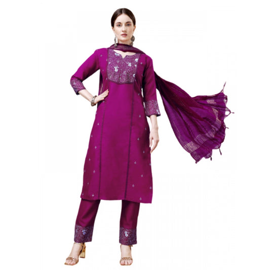 Roneclick Women's Casual 3-4 th Sleeve Embroidery Cotton Kurti Pant Dupatta Set (Purple)