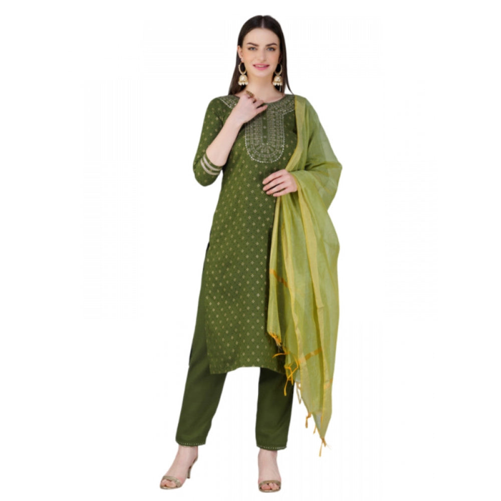 Roneclick Women's Casual 3-4 th Sleeve Embroidery Cotton Kurti Pant Dupatta Set (Green)