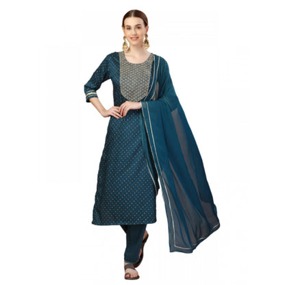 Roneclick Women's Casual 3-4 th Sleeve Embroidery Silk Blend Kurti Pant Dupatta Set (Blue)