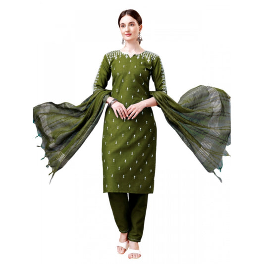 Roneclick Women's Casual 3-4 th Sleeve Embroidery Cotton Kurti Pant Dupatta Set (Green)