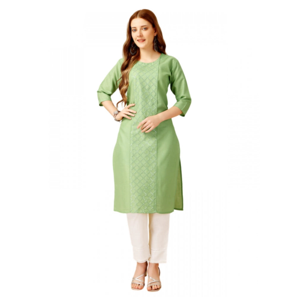 Roneclick Women's Casual 3-4 th Sleeve Embroidery Cotton Kurti Pant Set (Pista Green)