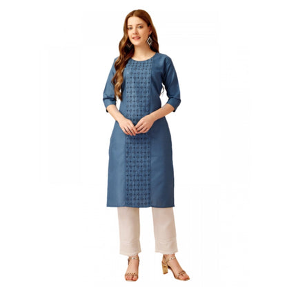 Roneclick Women's Casual 3-4 th Sleeve Embroidery Cotton Kurti Pant Set (Light Blue)