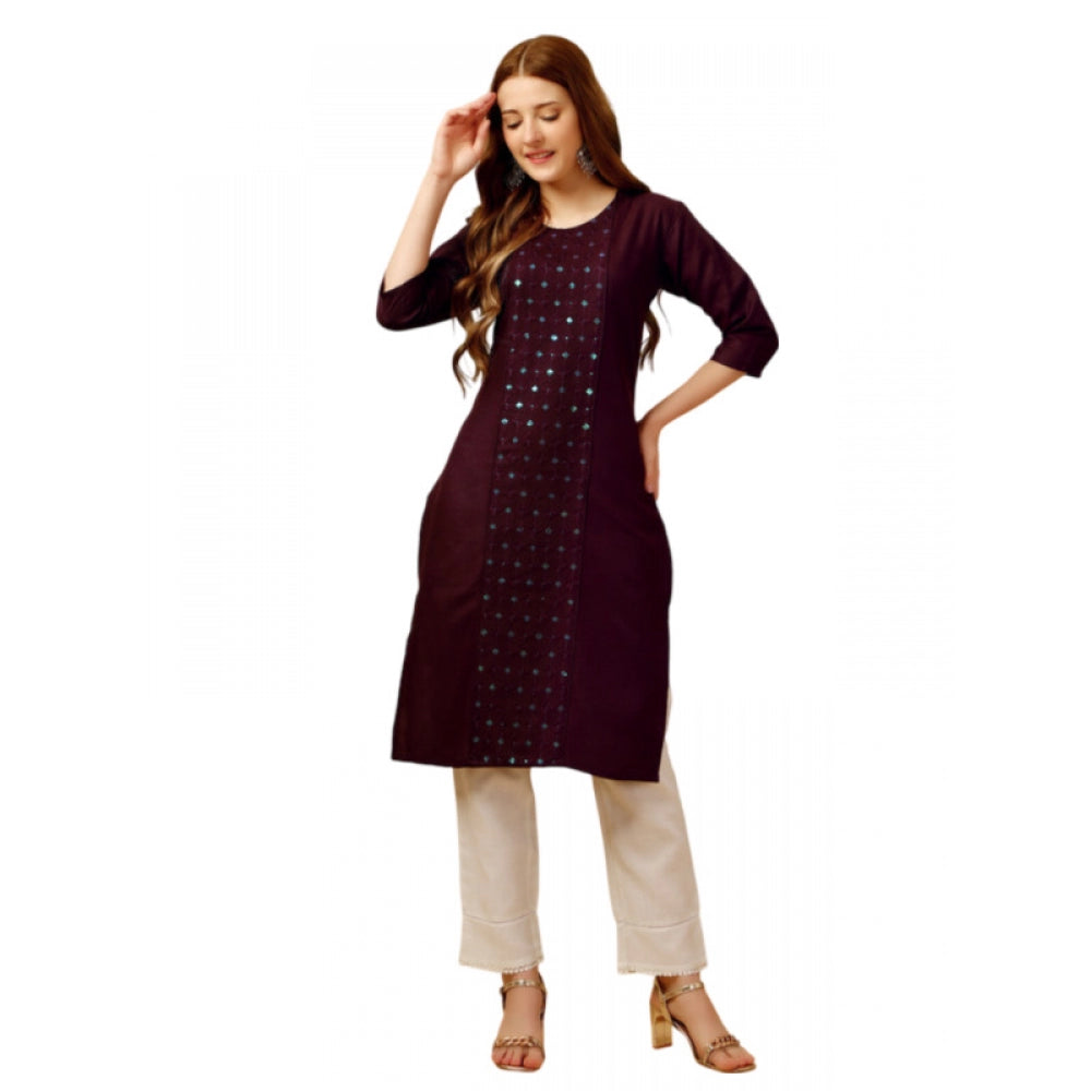 Roneclick Women's Casual 3-4 th Sleeve Embroidery Cotton Kurti Pant Set (Purple)