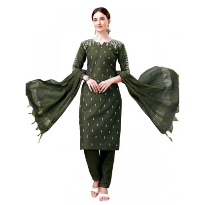 Roneclick Women's Casual 3-4 th Sleeve Embroidery Cotton Kurti Pant Dupatta Set (Dark Green)