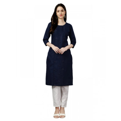 Roneclick Women's Casual 3-4 th Sleeve Embroidery Cotton Kurti (Dark Blue)