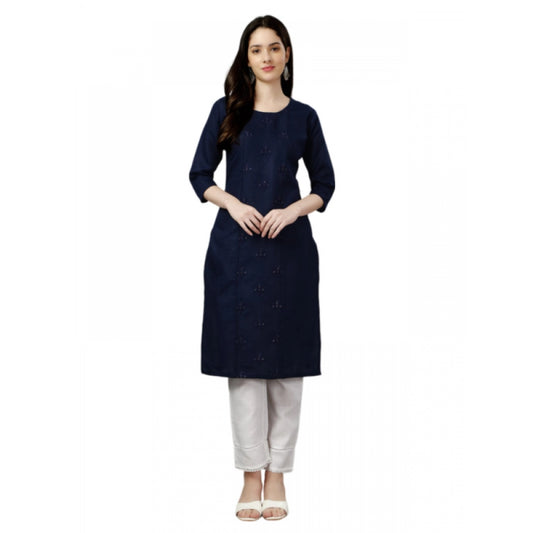 Roneclick Women's Casual 3-4 th Sleeve Embroidery Cotton Kurti (Dark Blue)