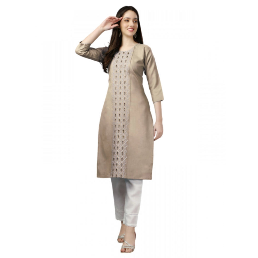 Roneclick Women's Casual 3-4 th Sleeve Embroidery Cotton Kurti (Beige)