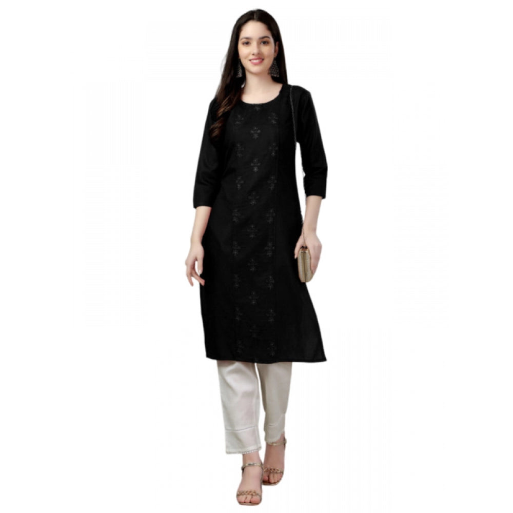 Roneclick Women's Casual 3-4 th Sleeve Embroidery Cotton Kurti (Black)