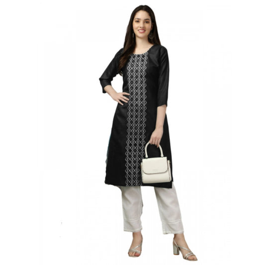 Roneclick Women's Casual 3-4 th Sleeve Embroidery Cotton Kurti (Black)