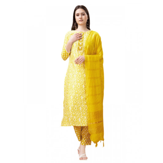 Roneclick Women's Casual 3-4 th Sleeve Embroidery Rayon Kurti Pant Dupatta Set (Yellow)