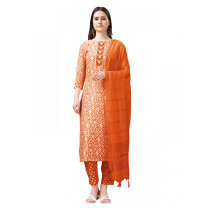 Roneclick Women's Casual 3-4 th Sleeve Embroidery Rayon Kurti Pant Dupatta Set (Orange)