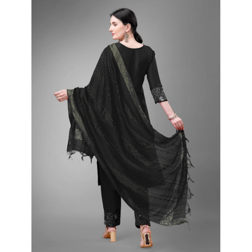 Roneclick Women's Casual 3-4 th Sleeve Embroidery Cotton Kurti Pant Dupatta Set (Black)