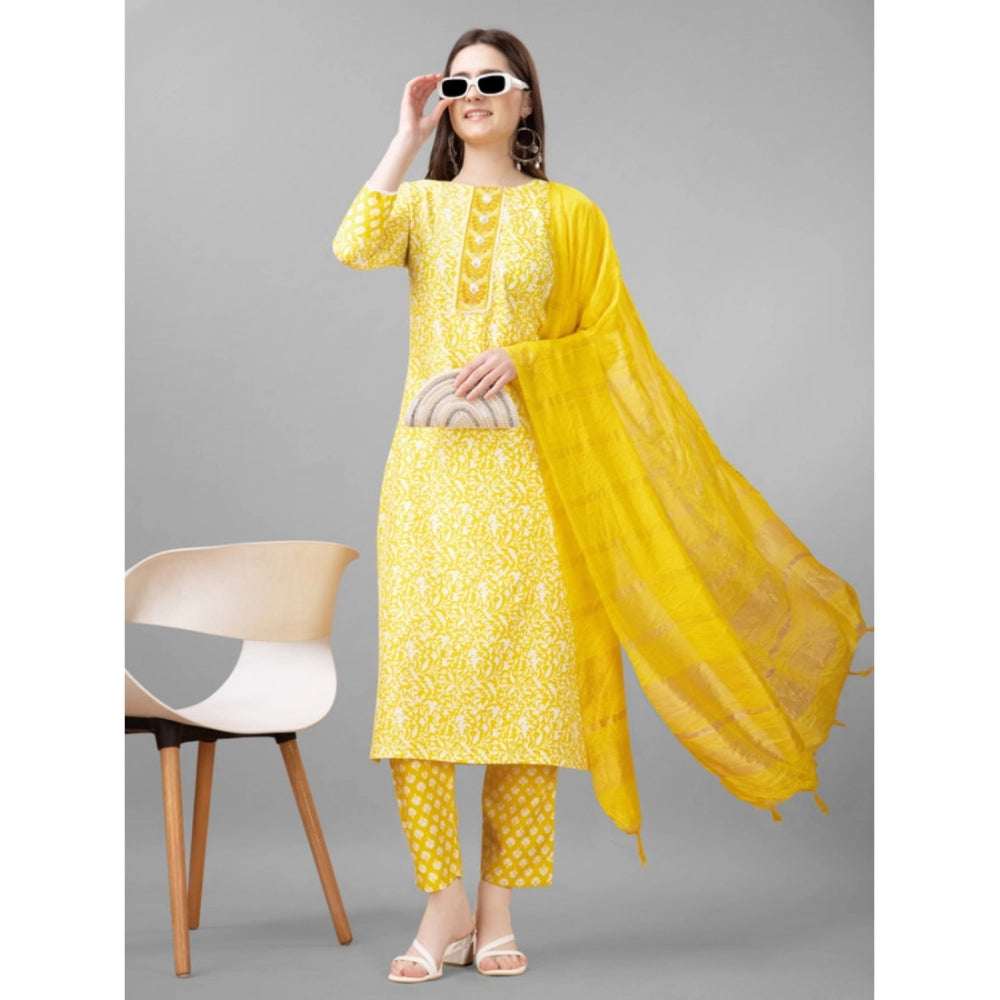 Roneclick Women's Casual 3-4 th Sleeve Embroidery Rayon Kurti Pant Dupatta Set (Yellow)