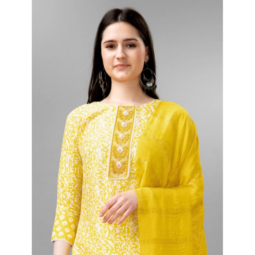 Roneclick Women's Casual 3-4 th Sleeve Embroidery Rayon Kurti Pant Dupatta Set (Yellow)