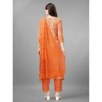 Roneclick Women's Casual 3-4 th Sleeve Embroidery Rayon Kurti Pant Dupatta Set (Orange)