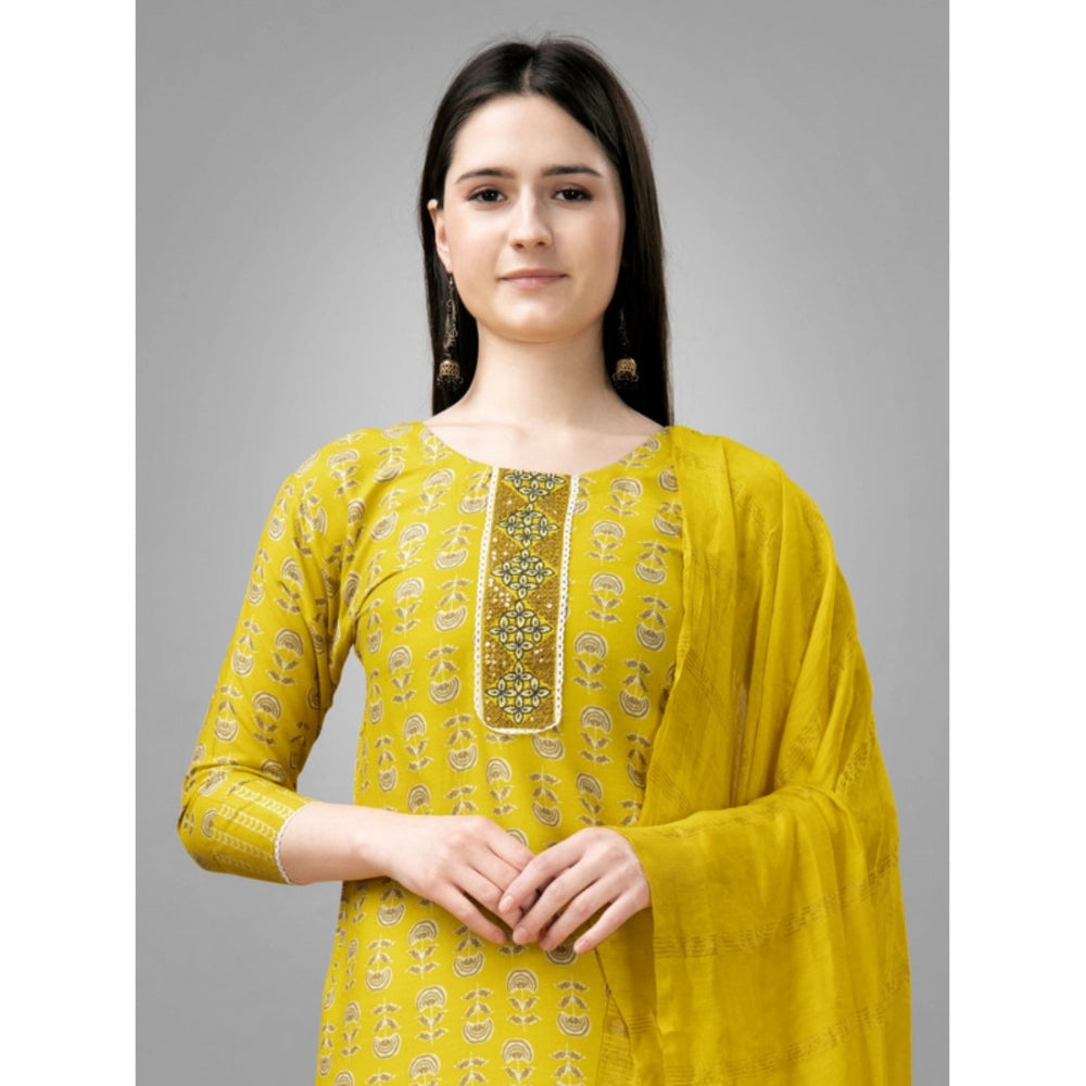 Roneclick Women's Casual 3-4 th Sleeve Embroidery Rayon Kurti Pant Dupatta Set (Yellow)