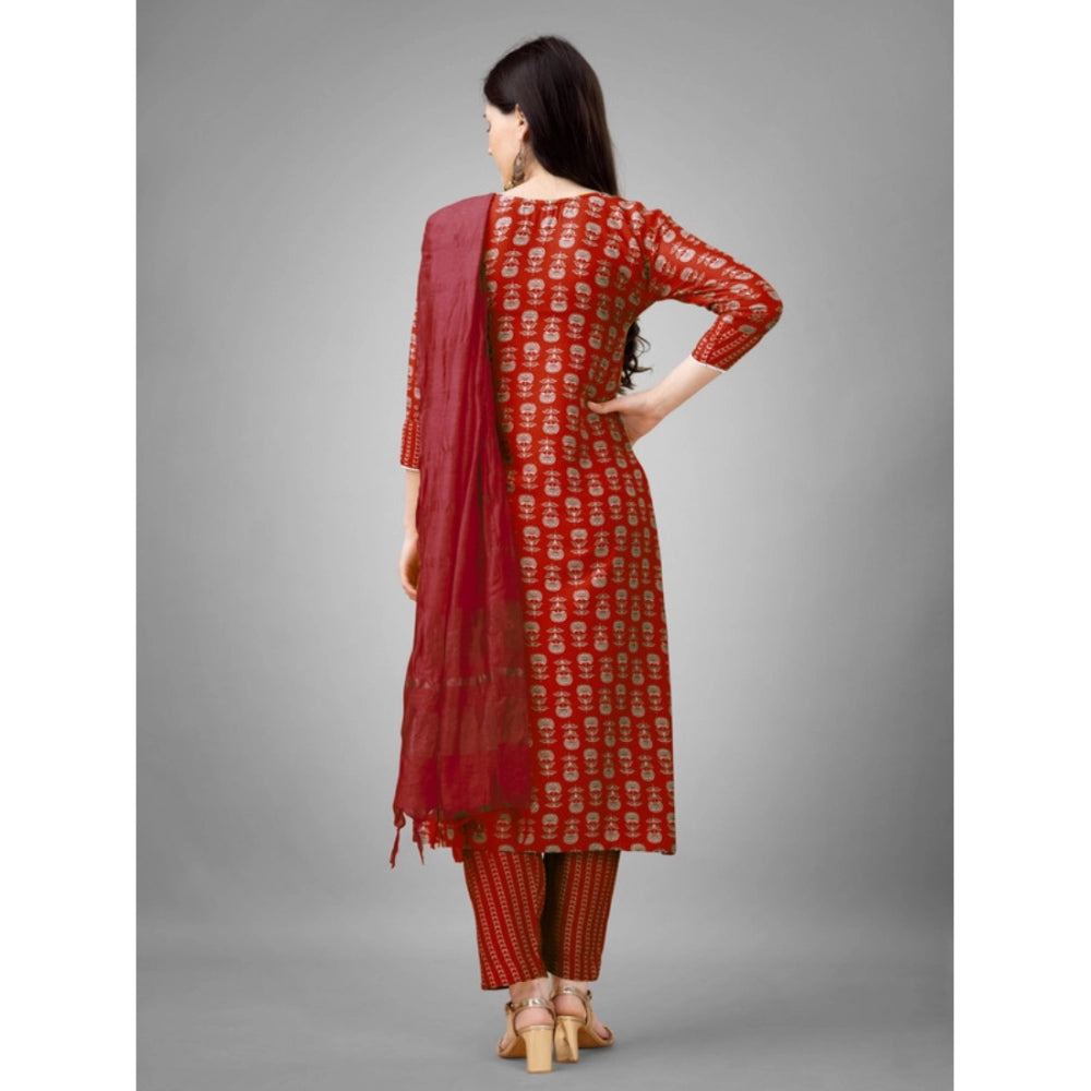 Roneclick Women's Casual 3-4 th Sleeve Embroidery Rayon Kurti Pant Dupatta Set (Maroon)