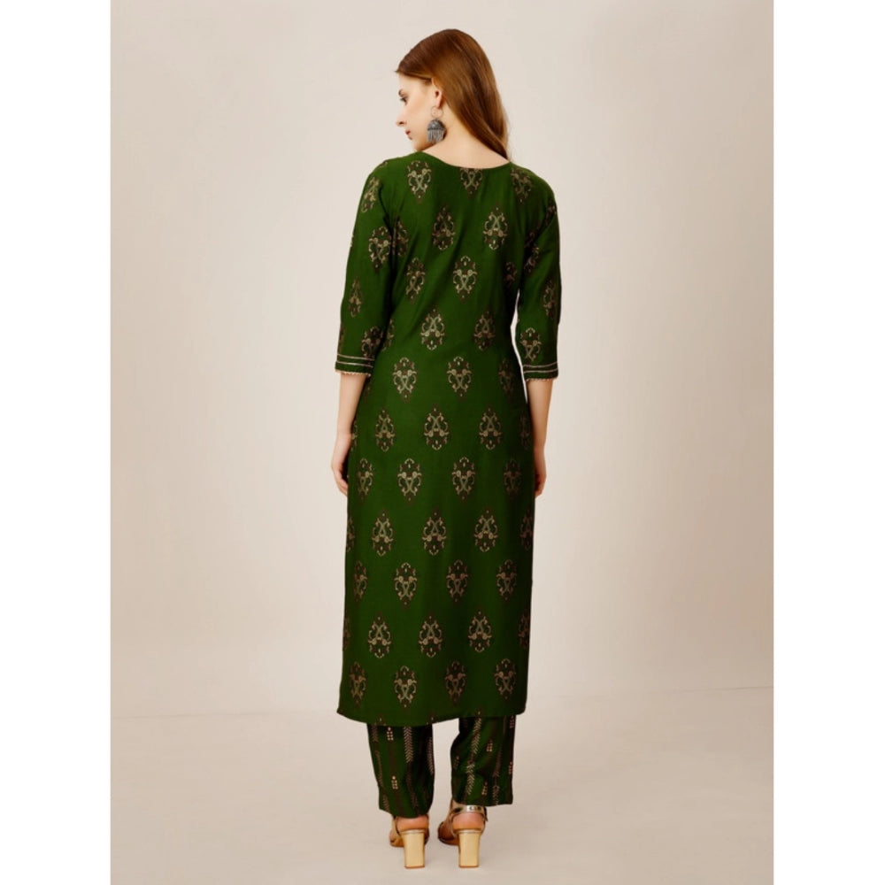 Roneclick Women's Casual 3-4 th Sleeve Embroidery Rayon Kurti Pant Set (Green)