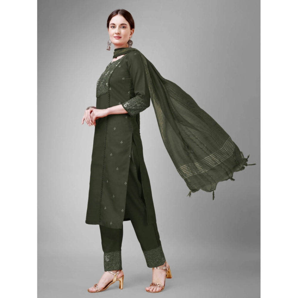 Roneclick Women's Casual 3-4 th Sleeve Embroidery Cotton Kurti Pant Dupatta Set (Dark Green)