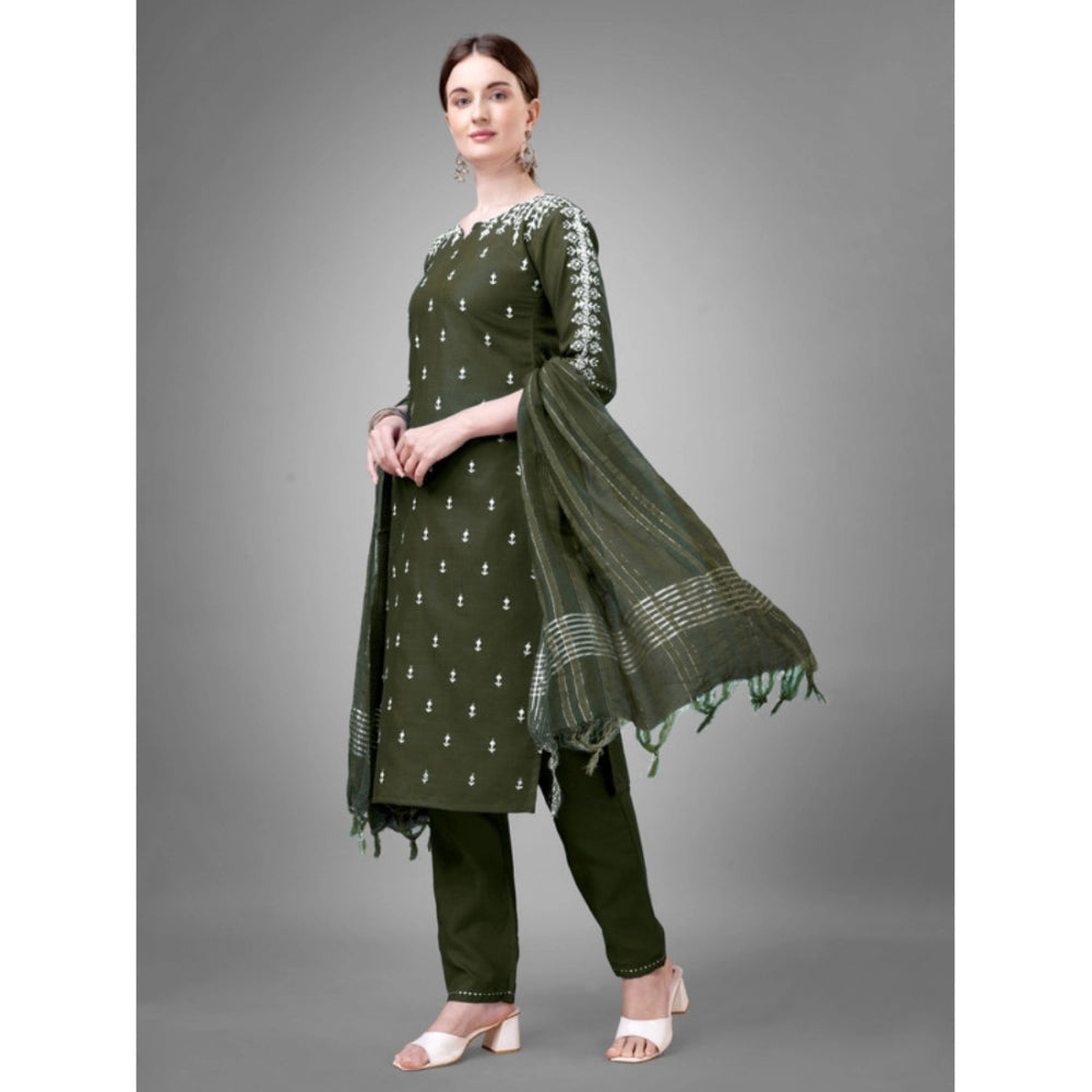 Roneclick Women's Casual 3-4 th Sleeve Embroidery Cotton Kurti Pant Dupatta Set (Dark Green)