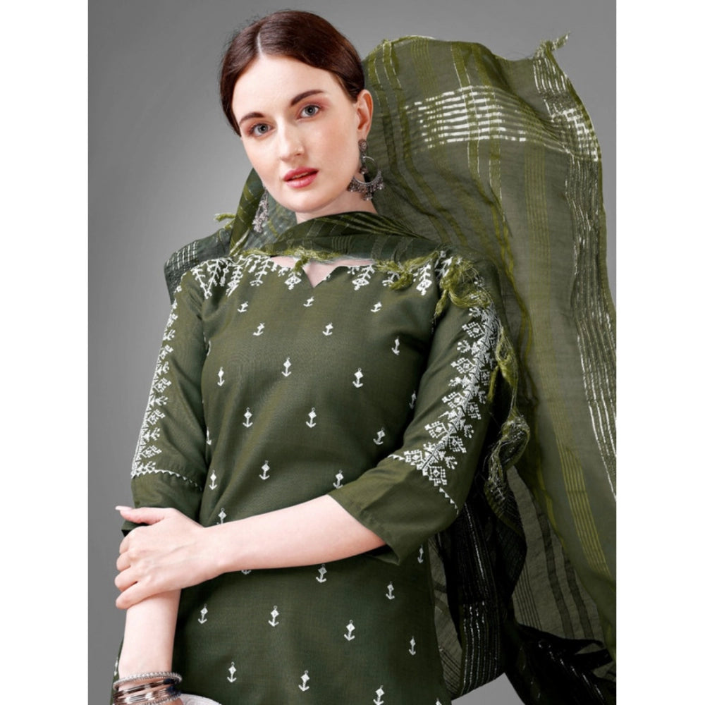 Roneclick Women's Casual 3-4 th Sleeve Embroidery Cotton Kurti Pant Dupatta Set (Dark Green)