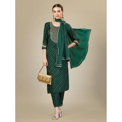 Roneclick Women's Casual 3-4 th Sleeve Embroidery Silk Blend Kurti Pant Dupatta Set (Dark Green)