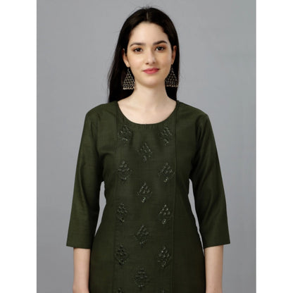 Roneclick Women's Casual 3-4 th Sleeve Embroidery Cotton Kurti (Dark Green)