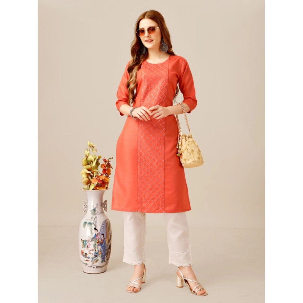 Roneclick Women's Casual 3-4 th Sleeve Embroidery Cotton Kurti Pant Set (Orange)