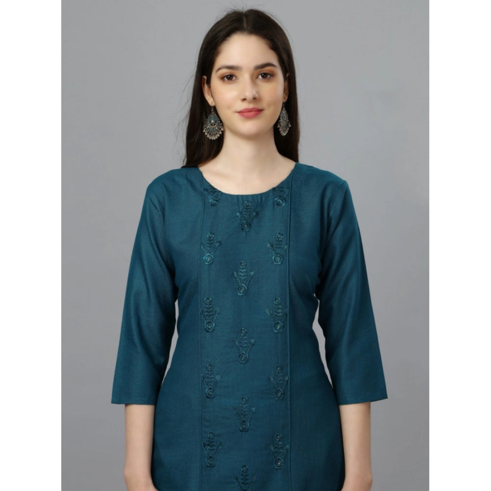 Roneclick Women's Casual 3-4 th Sleeve Embroidery Cotton Kurti (Blue )