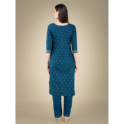 Roneclick Women's Casual 3-4 th Sleeve Embroidery Cotton Kurti Pant Dupatta Set (Blue )