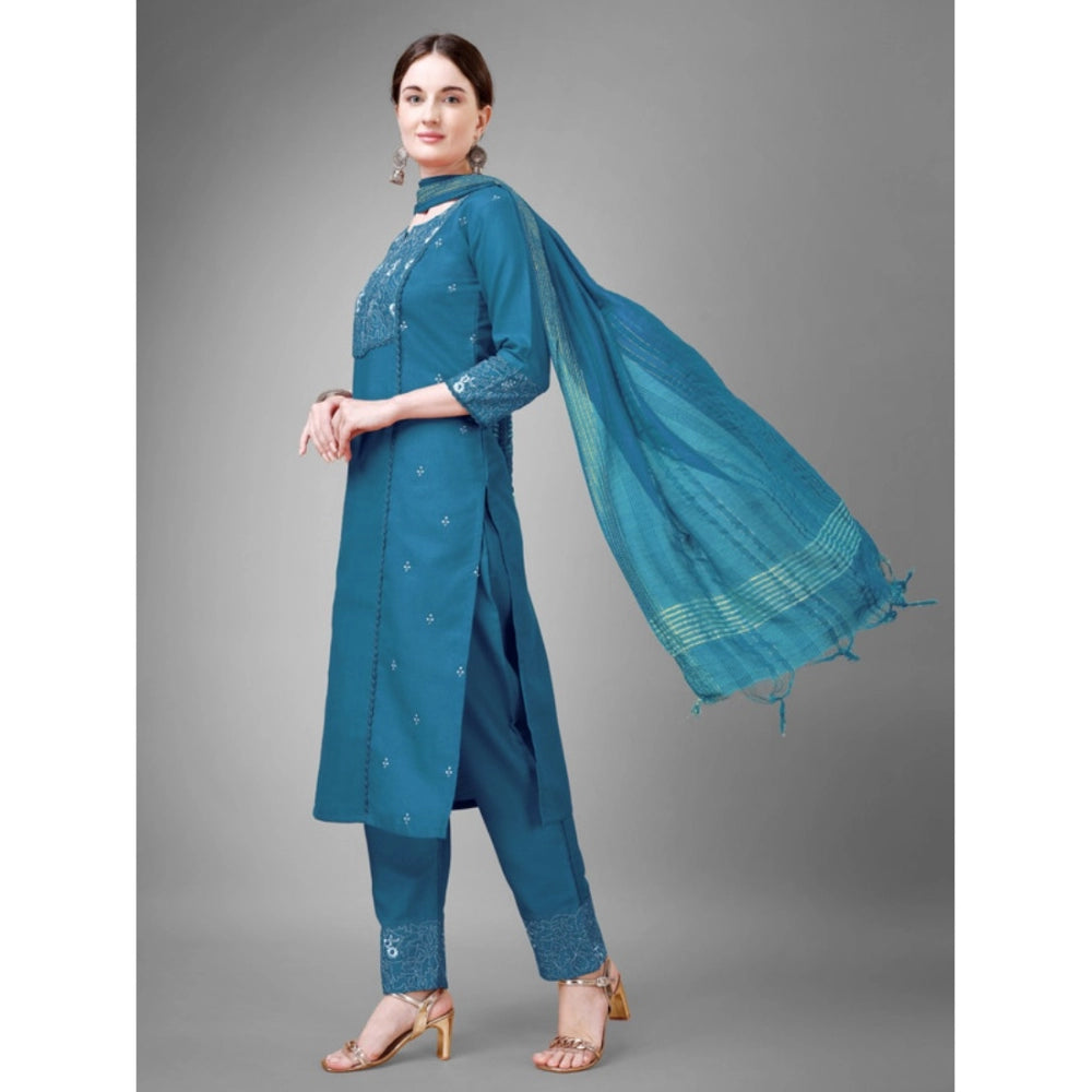 Roneclick Women's Casual 3-4 th Sleeve Embroidery Cotton Kurti Pant Dupatta Set (Blue )