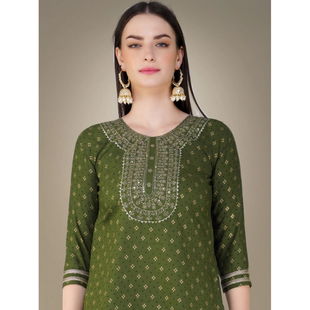 Roneclick Women's Casual 3-4 th Sleeve Embroidery Cotton Kurti Pant Dupatta Set (Green)