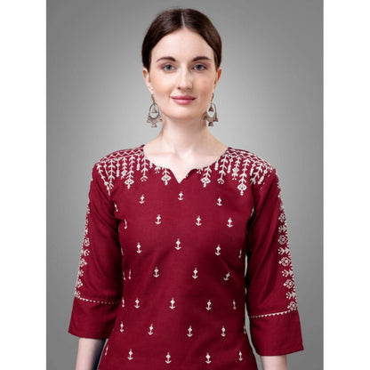 Roneclick Women's Casual 3-4 th Sleeve Embroidery Cotton Kurti Pant Dupatta Set (Maroon)