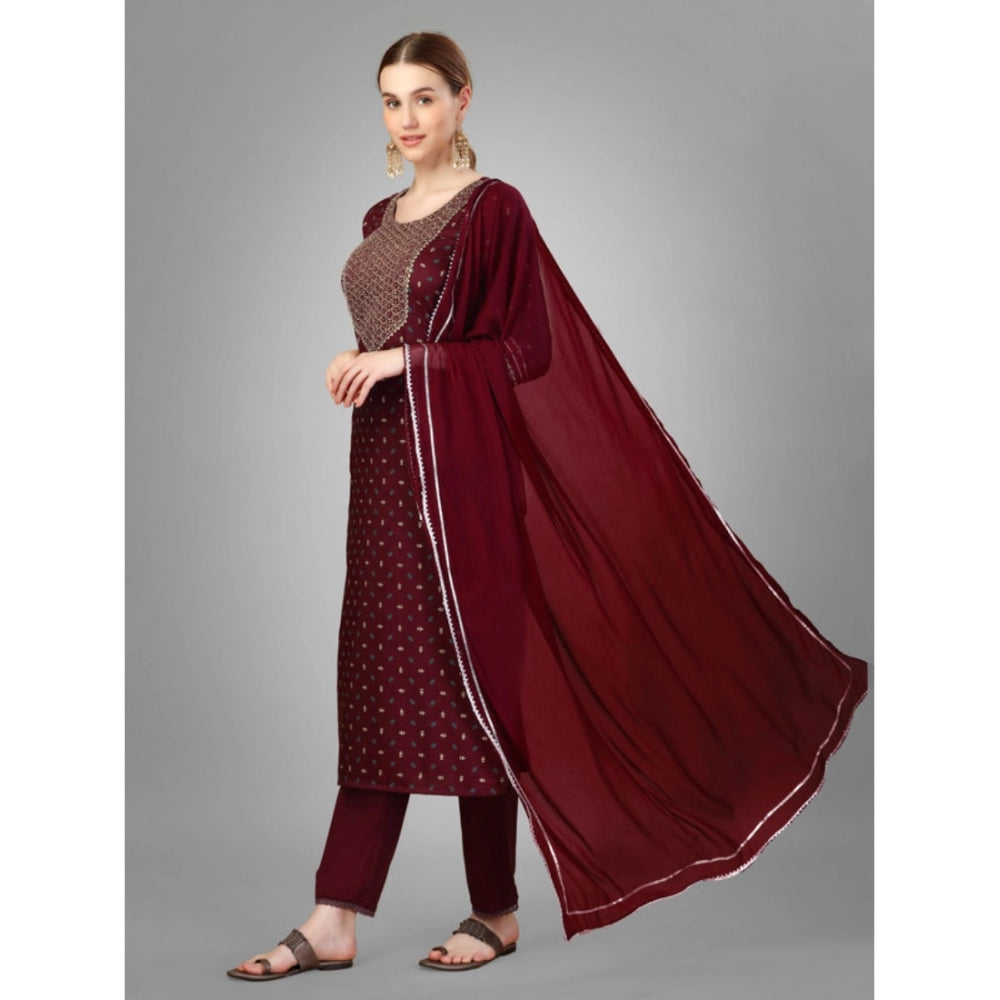 Roneclick Women's Casual 3-4 th Sleeve Embroidery Silk Blend Kurti Pant Dupatta Set (Maroon)