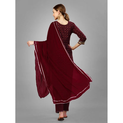 Roneclick Women's Casual 3-4 th Sleeve Embroidery Silk Blend Kurti Pant Dupatta Set (Maroon)